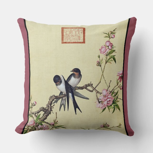 Coussin Oiseaux d'hirondelle d'Asie, fleurs d'Oiseaux d'ea (Recto)