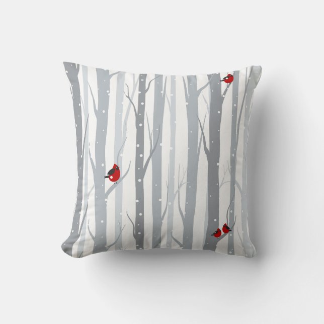 Coussin Oiseaux d'hiver : Arbres gris, Oiseaux rouges (Recto)