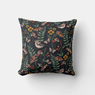 Coussin Oiseaux du jardin foncé et papillons