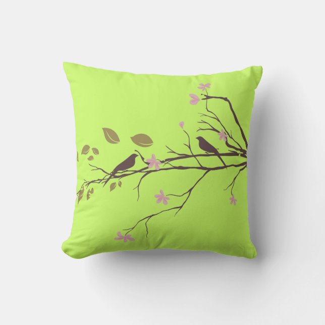 Coussin oiseaux en vert de carreau de fleurs de cerisier (Recto)