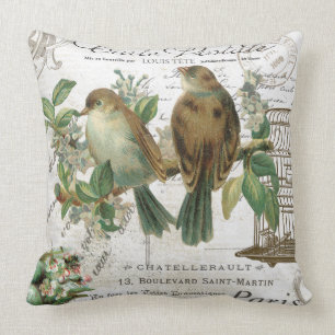 Coussin Oiseaux et cage à oiseaux français vintages