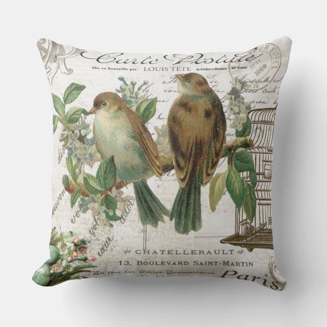 Coussin Oiseaux et cage à oiseaux français vintages (Recto)