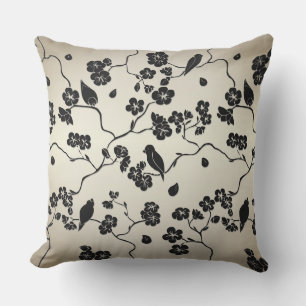 Coussin Oiseaux et fleurs de cerisier à motif noir sur bro