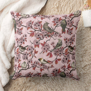 Coussin Oiseaux et fleurs de cerisier sur rose rose
