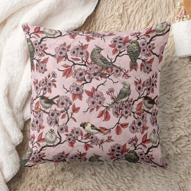 Coussin Oiseaux et fleurs de cerisier sur rose rose (Couverture)