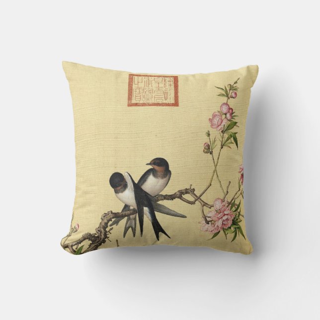 Coussin Oiseaux et fleurs de pêche par Giuseppe Castiglion (Recto)