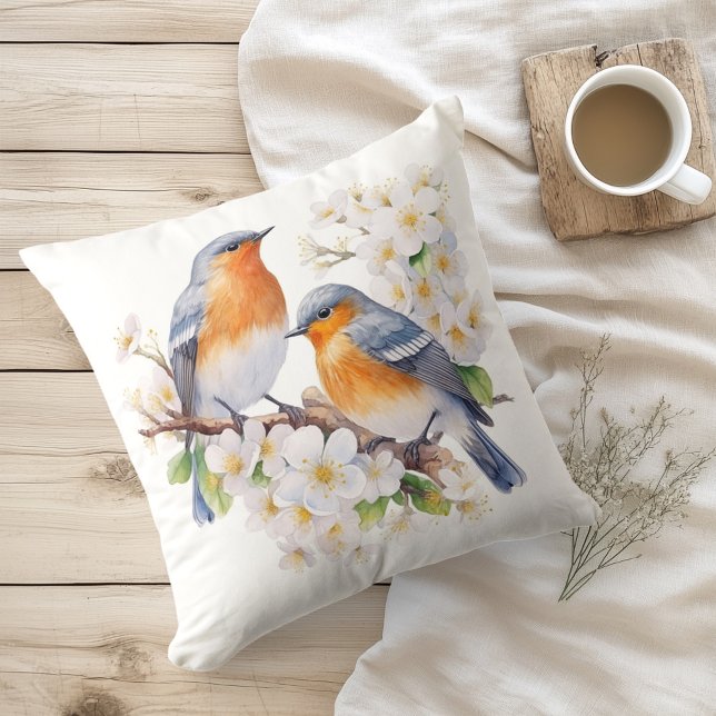 Coussin Oiseaux et fleurs printaniers à l'aquarelle (Créateur téléchargé)
