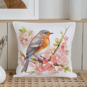 Coussin Oiseaux et fleurs printaniers à l'aquarelle