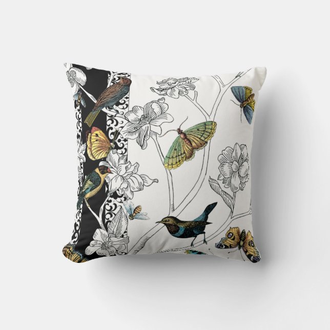 Coussin Oiseaux et papillons sur un Arrière - plan noir et (Recto)