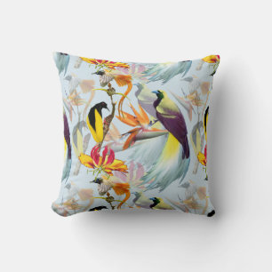 Coussin Oiseaux exotiques du Paradis et fleurs Aquarelle