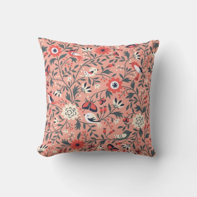 Coussin Oiseaux floraux main tiré Vintage (Recto)