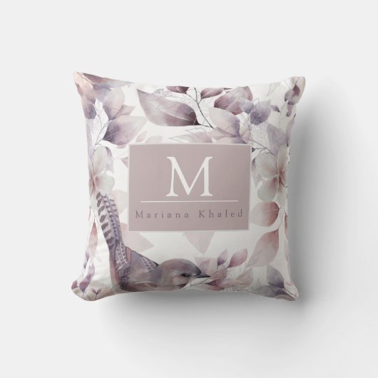 Coussin Oiseaux floraux Nature violette et blanche (Recto)