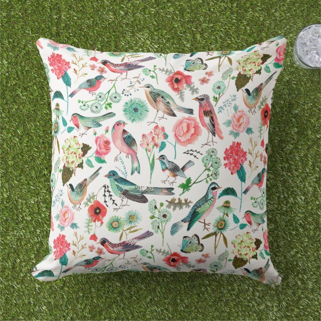 Coussin Oiseaux multi-couleur tout-sur-impression (Herbe)