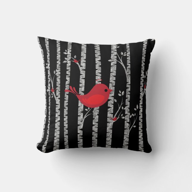 Coussin Oiseaux noirs et blancs avec oiseaux rouges (Recto)
