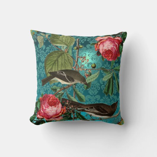 COUSSIN OISEAUX NOIRS, ROSES ROSES ROSES ROSES AQUA BLEU, (Recto)