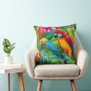 Coussin Oiseaux perroquets floraux tropicaux palmiers bleu