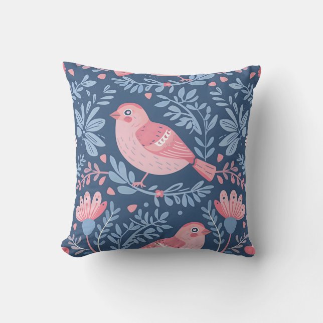 Coussin Oiseaux roses mignons sur gris bleu (Recto)