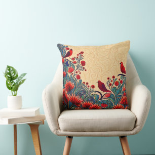 Coussin Oiseaux Rouges, Flore Abstrait Folksy