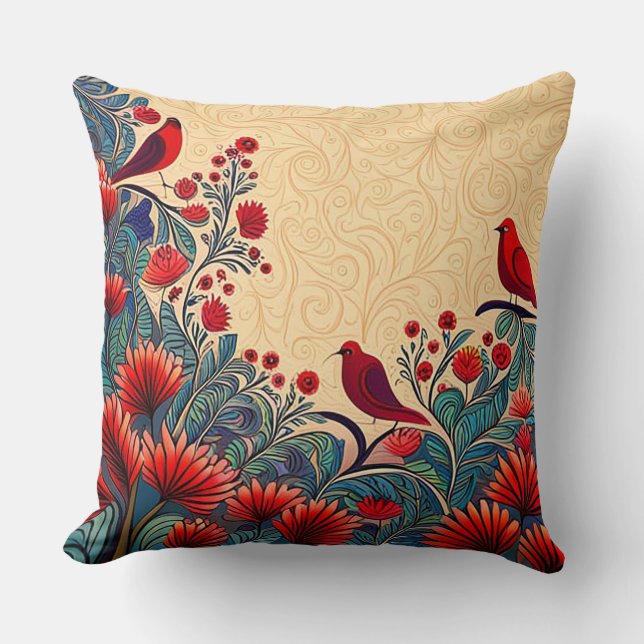 Coussin Oiseaux Rouges, Flore Abstrait Folksy (Recto)
