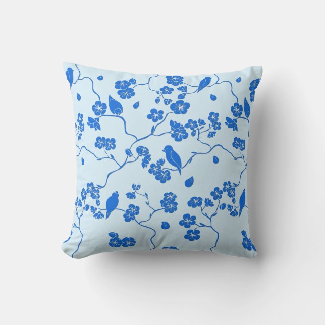 Coussin Oiseaux sur fleurs de cerisier bleu sur bleu (Recto)