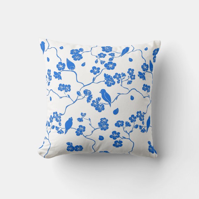 Coussin Oiseaux sur Impression Bleue de Cerisiers en Fleur (Recto)