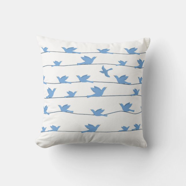 Coussin Oiseaux sur un fil, silhouette dans le bleu (Recto)