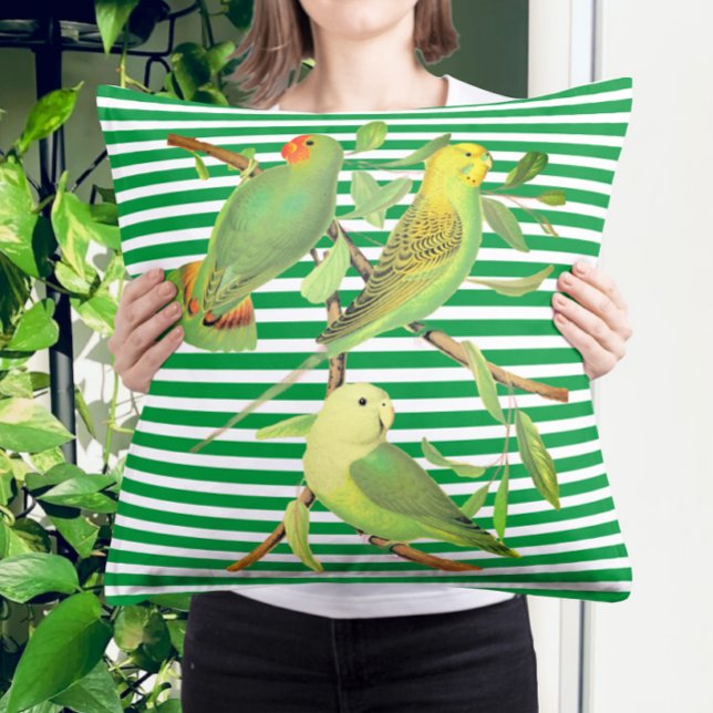 Coussin Oiseaux tropicaux en rayures blanches vertes lance (Créateur téléchargé)