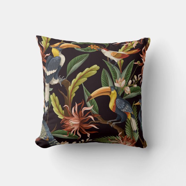 Coussin Oiseaux tropicaux : Feuilles Vintages & Fleurs (Recto)
