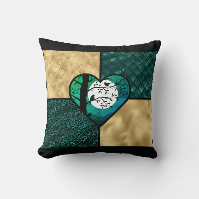 Coussin Oiseaux turquoises, Gold et Black Moonlight (Recto)