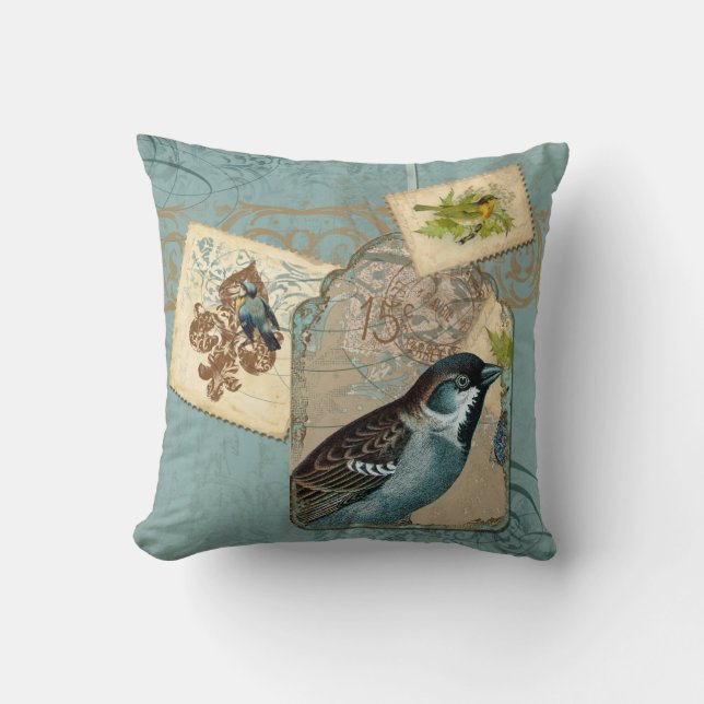 Coussin Oiseaux vintages Floral Postage Branche de l'écoul (Recto)