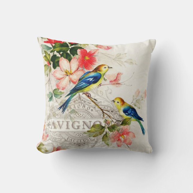 Coussin Oiseaux vintages romantiques blancs avec le (Recto)