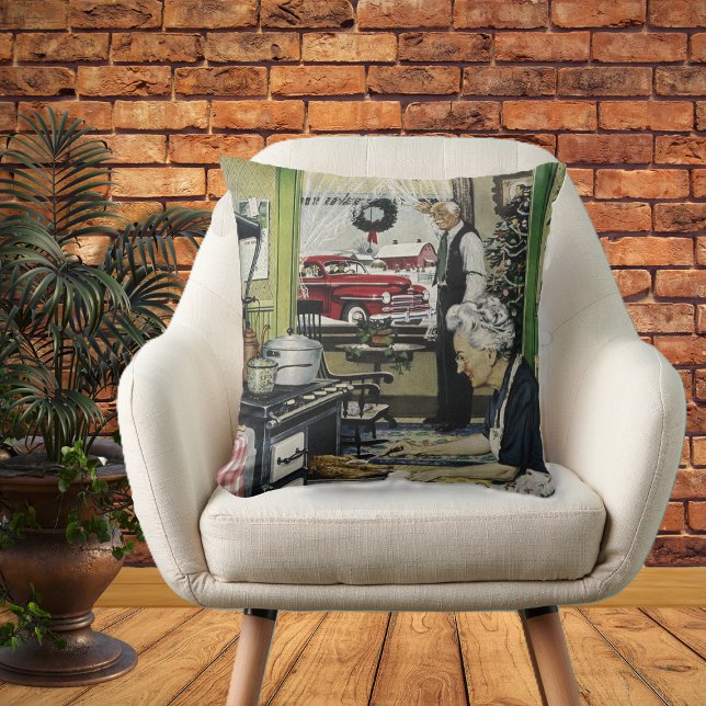 Coussin Old Fashioned Vintage Home Kitchen Christmas (Vintage holiday turkey dinner in Grandma kitchen scene on decorative Christmas pillow.)