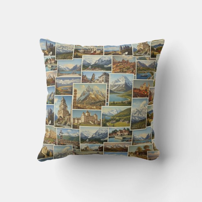 Coussin Old-World European Postcard Collage Pattern (Verso)