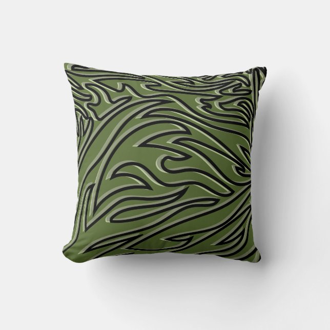 Coussin Olive Green et Black Abstrait Flame Motif (Recto)