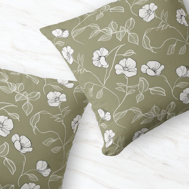 Coussin Olive vert minima ligne florale Art blanc (Minimal Olive Green Floral Line Art White Flower Throw Pillow)