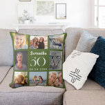 Coussin Olive vert personnalisé photo collage anniversaire<br><div class="desc">Un cadeau unique pour un 21ème anniversaire,  célébrant sa vie avec un collage de 8 de vos propres photos,  photos. Personnalisez et ajoutez son nom,  son âge et sa date. Couleur d'arrière-plan vert olive,  texte blanc. Le nom est écrit avec un script de style moderne écrit à la main.</div>