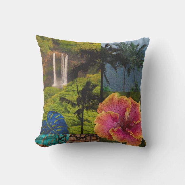 Coussin Opaeka'a Falls, Kauai Hawaiian Collage réversible (Recto)