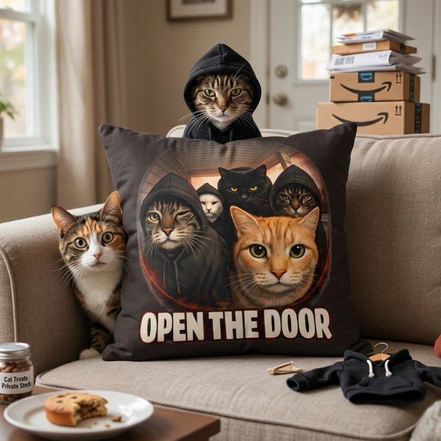 Coussin Open The Door Funny Cats in Hoodies Throw Pillow (Créateur téléchargé)