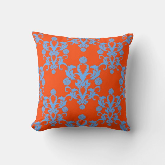 Coussin Opposés Attirent Damassé Orange et Bleu (Recto)