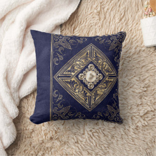 Coussin Opulence ornée Flouris bleu et or bijoux