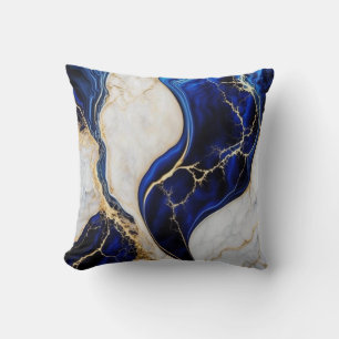 Coussin Or Abstrait, blanc et bleu royal