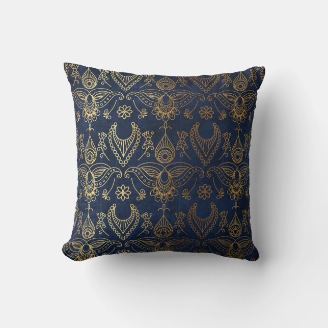 Coussin Or égyptien de paon et bleu de minuit (Recto)