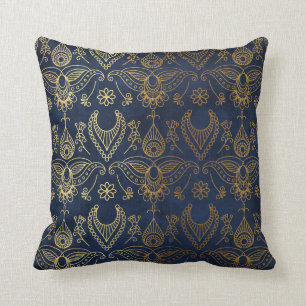 Coussin Or égyptien de paon et bleu de minuit