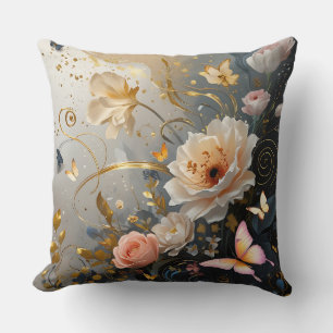 Coussin Or élégant, rose avec des fleurs jetant