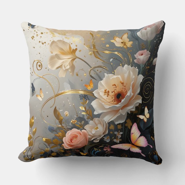 Coussin Or élégant, rose avec des fleurs jetant (Recto)