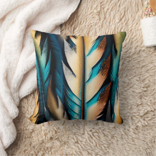 Coussin Or et plumes Turquoises