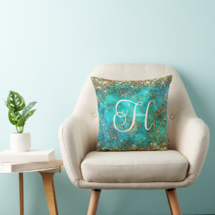 Coussin Or et Turquoise Glam Monogrammé de Pierres Précieu