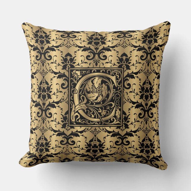 Coussin Or glamour et noir Damas Imprimer Monogramme C (Recto)