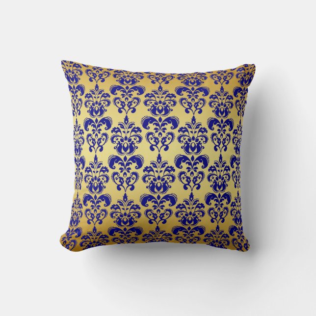 Coussin Or, motif 2 de damassé de bleu marine (Recto)