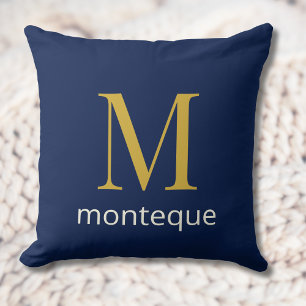 Coussin Or Navy Profond Monogramme Personnalisé Nom Luxe